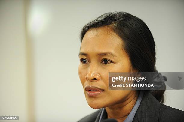 Cambodian Somaly Mam, a sex trafficking survivor and activist, speaks on a tour of the New York City Family Justice Center March 12, 2010 in the...