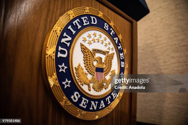 Emblem of United States Senate is seen as former Assistant Secretary of State for European and Eurasian Affairs Victoria Nuland and former White...