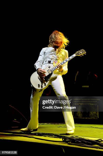 Justin Hawkins of The Darkness supports Hollywood Vampires live on stage at Wembley Arena on June 20, 2018 in London, England.