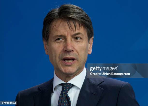 The Italian Prtime Minister Giuseppe Conte for talks with Federal Chancellor Angela Merkel in Berlin. Giuseppe Conte during his press statement.