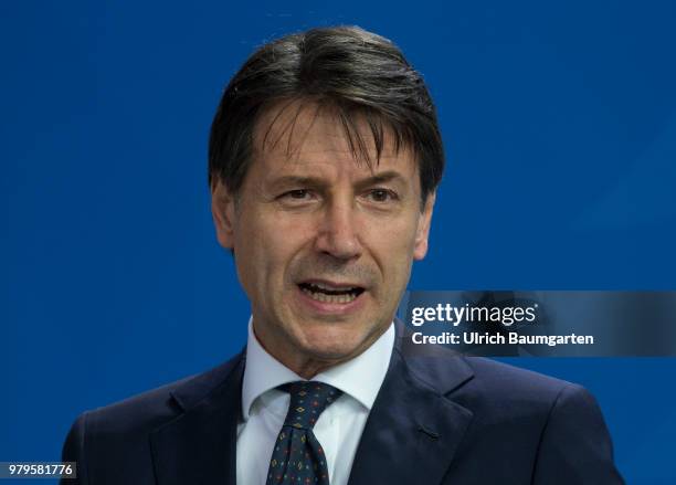 The Italian Prtime Minister Giuseppe Conte for talks with Federal Chancellor Angela Merkel in Berlin. Giuseppe Conte during his press statement.