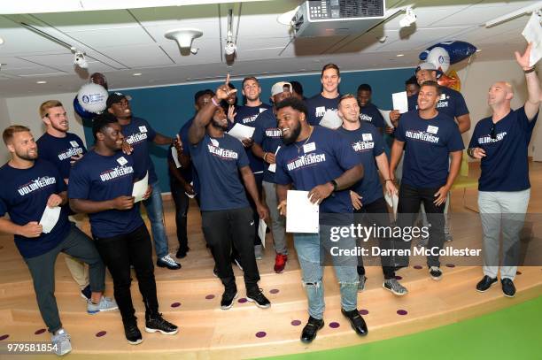 New England Patriot's rookies sing a song for the kids at Boston Children's Hospital June 20, 2018 in Boston, Massachusetts.