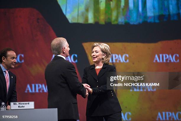 Secretary of State Hillary Clinton is greeted by Howard Kohr, Executive Director of the American Israel Public Affairs Committee , as she arrives to...