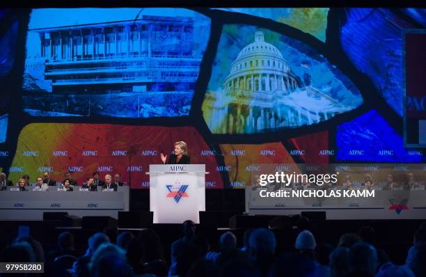 Secretary of State Hillary Clinton addresses the annual American Israel Public Affairs Committee policy conference in Washington on March 22, 2010....