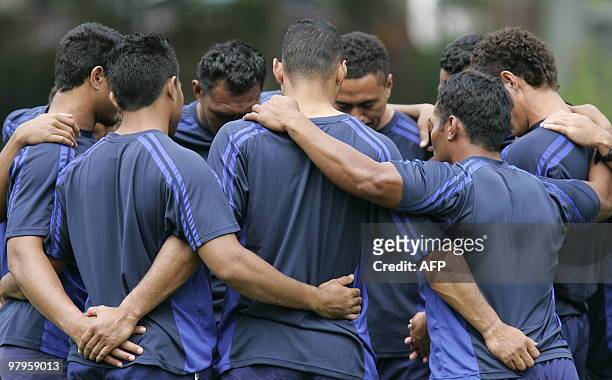 Members of the Samoan rugby sevens squad gather together during a training session in Hong Kong on March 23, 2010. Samoa are the form team leading...