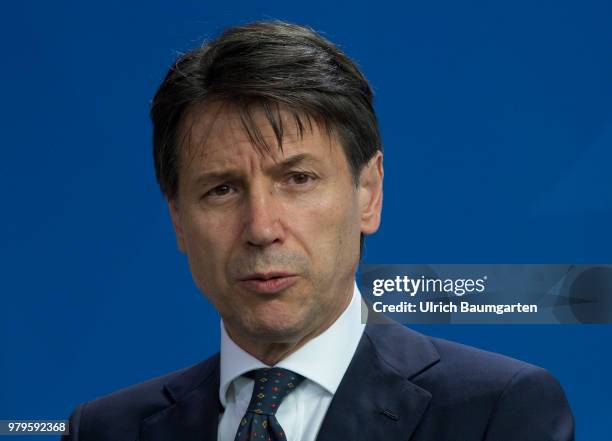 The Italian Prtime Minister Giuseppe Conte for talks with Federal Chancellor Angela Merkel in Berlin. Giuseppe Conte during his press statement.