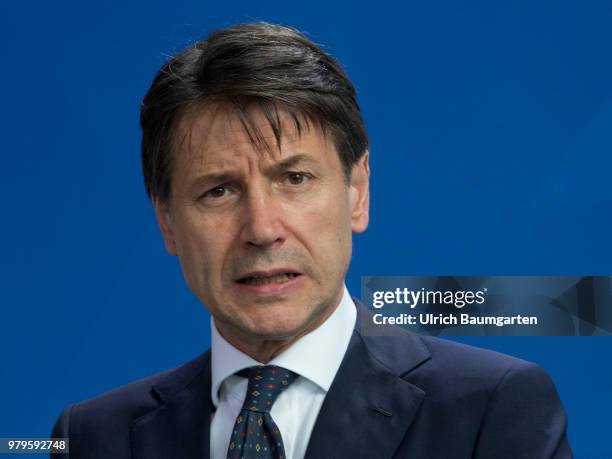 The Italian Prtime Minister Giuseppe Conte for talks with Federal Chancellor Angela Merkel in Berlin. Giuseppe Conte during his press statement.