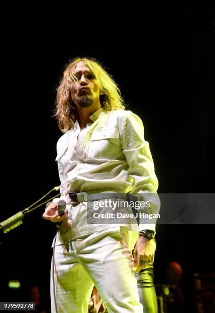 Justin Hawkins of The Darkness supports Hollywood Vampires live on stage at Wembley Arena on June 20, 2018 in London, England.