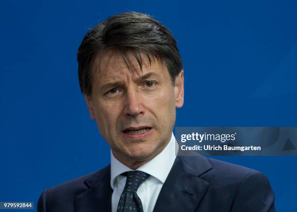 The Italian Prtime Minister Giuseppe Conte for talks with Federal Chancellor Angela Merkel in Berlin. Giuseppe Conte during his press statement.