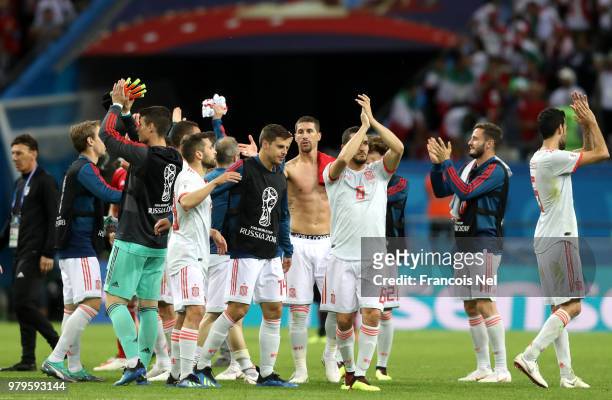 Koke of Spain applauds fans following his sides victory in the 2018 FIFA World Cup Russia group B match between Iran and Spain at Kazan Arena on June...