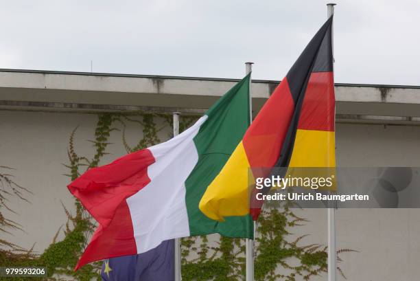 The Italian Prtime Minister Giuseppe Conte for talks with Federal Chancellor Angela Merkel in Berlin. The picture shows the flags of Europe, Italy...