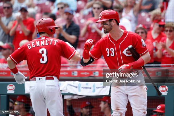 Scooter Gennett of the Cincinnati Reds celebrates with Jesse Winker after hitting a two-run home run to tie the game in the sixth inning against the...