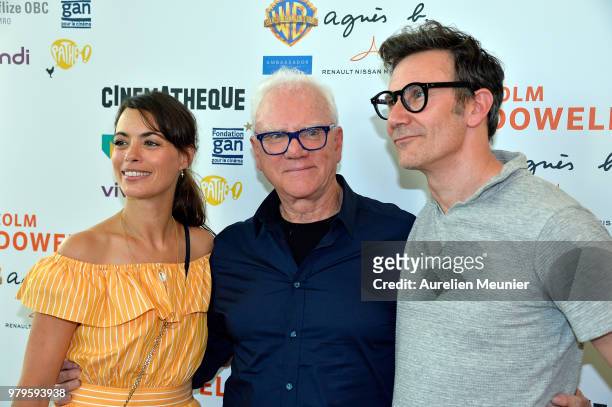 Berenice Bejo, Malcolm McDowell and Michel Hazanavicius attend the "Malcolm McDowell Retrospective" at La Cinematheque Francaise on June 20, 2018 in...