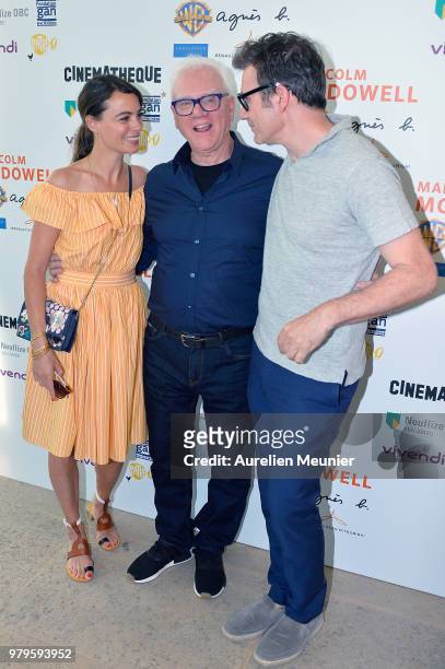 Berenice Bejo, Malcolm McDowell and Michel Hazanavicius attend the "Malcolm McDowell Retrospective" at La Cinematheque Francaise on June 20, 2018 in...