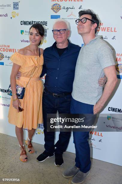 Berenice Bejo, Malcolm McDowell and Michel Hazanavicius attend the "Malcolm McDowell Retrospective" at La Cinematheque Francaise on June 20, 2018 in...