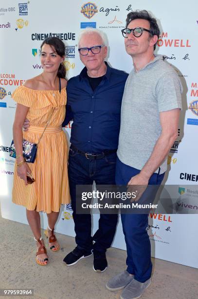 Berenice Bejo, Malcolm McDowell and Michel Hazanavicius attend the "Malcolm McDowell Retrospective" at La Cinematheque Francaise on June 20, 2018 in...