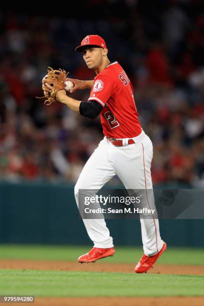 Andrelton Simmons of the Los Angeles Angels of Anaheim fields a ground ball during a game against the Arizona Diamondbacks at Angel Stadium on June...