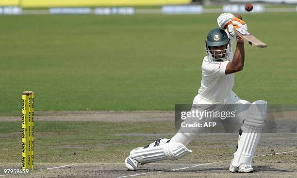 Bangladeshi cricketer Mohammad Mahmudullah plays a shot during the fourth day of the second Test match between Bangladesh and England at The Sher-e...