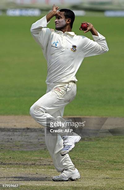 Bangladeshi cricket captain Shakib AL Hasan delivers a ball during the third day of the second Test match between Bangladesh and England at the...