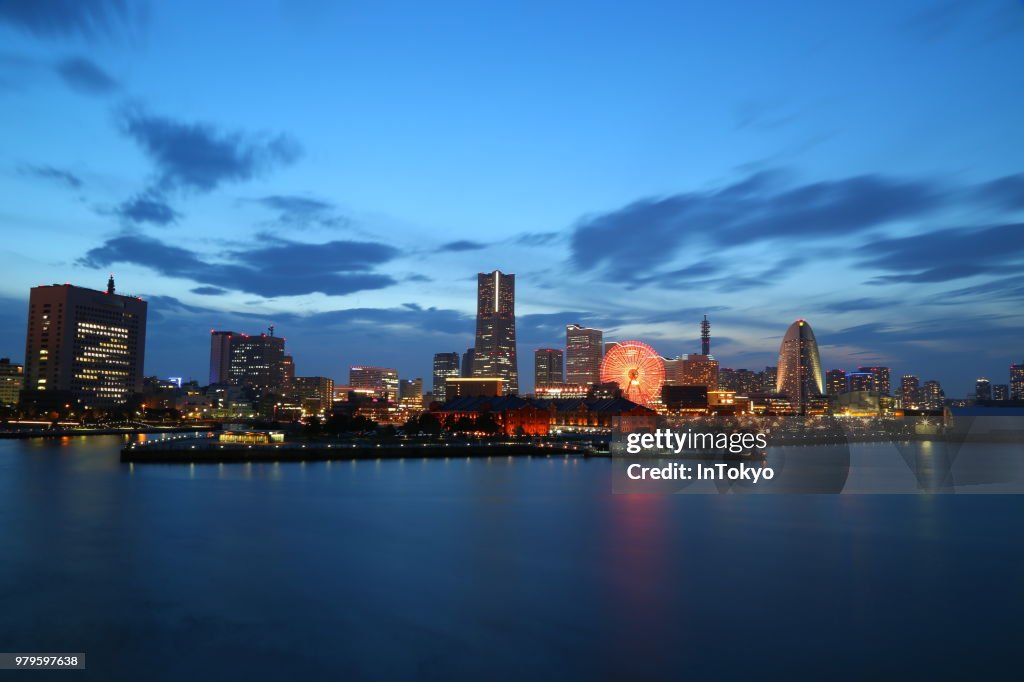 Minato Mirai business district waterfront of Yokohama at evening, Yokohama, Kanto, Japan