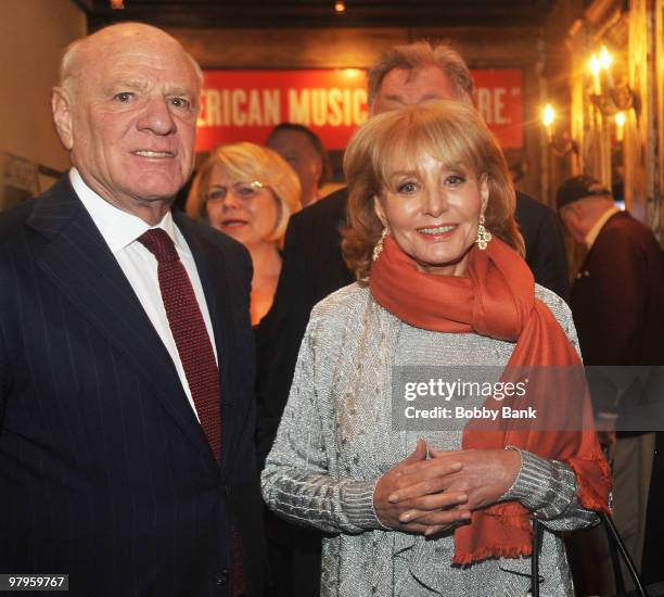 Barry Diller and Barbara Walters exits "Sondheim on Sondheim" at Studio 54 in Manhattan on March 22, 2010 in New York City.