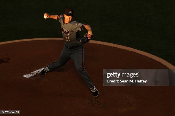 Zack Greinke of the Arizona Diamondbacks pitches during the first inning of a game against the Los Angeles Angels of Anaheim at Angel Stadium on June...