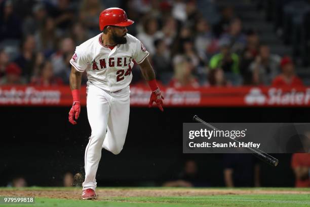 Chris Young of the Los Angeles Angels of Anaheim runs to first base during a game against the Arizona Diamondbacks at Angel Stadium on June 18, 2018...