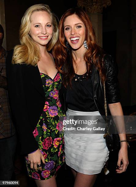 Actresses Candice Accola and Kayla Ewell attend the adidas & Snoop Dogg 'More Malice' Deluxe Album And Mini Movie Celebration at The Roosevelt Hotel...