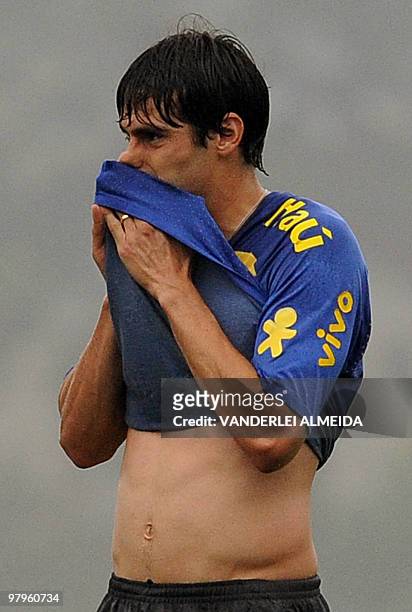 Brazilian player Kaka gestures at the end of a training session on October 7 in Teresopolis, Brazil. Brazil will face Bolivia next October 11 in La...