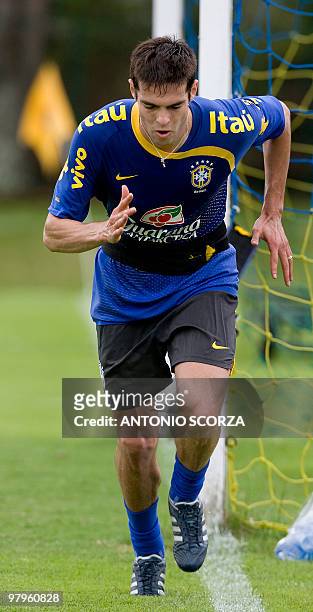 Brazilian national football midfielder Kaka takes part in a training session on March 27 in Teresopolis, northern Rio de Janeiro. Brazil will face...