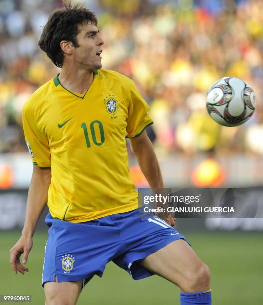 Brazilian midfielder Kaka eyes the ball during the Fifa Confederations Cup football match USA vs Brazil on June 18, 2009 at the Loftus Versfeld...