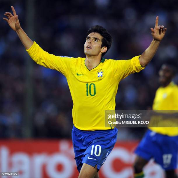 Brazil's midfielder Kaka celebrates after scoring the fourth goal of his team against Uruguay during their South American qualifier football match...