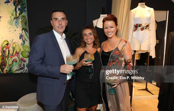 Kevin Furniss, Emma Furniss and Claudia Lambeth attend the launch of Luna Mae London's debut Bespoke Swim and Resort collection featuring a...