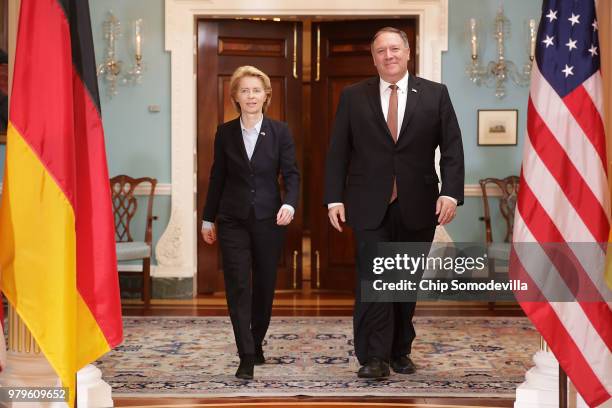 German Defense Minister Ursula von der Leyen and U.S. Secretary of State Mike Pompeo pose for photographs before meeting in the Treaty Room at the...