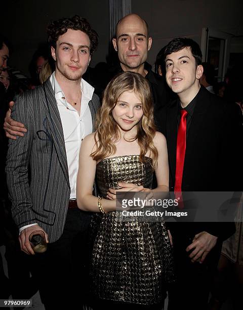 Actor Mark Strong, Aaron Johnson, Chloe Moretz and Christopher Mintz-Plasse attend the Kick-Ass European Film Premiere after-party at director...