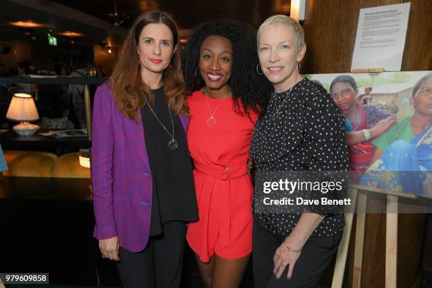 Livia Firth, Beverley Knight and Annie Lennox attend a celebration of the first decade of the charity, The Circle, at Soho House, White City on June...