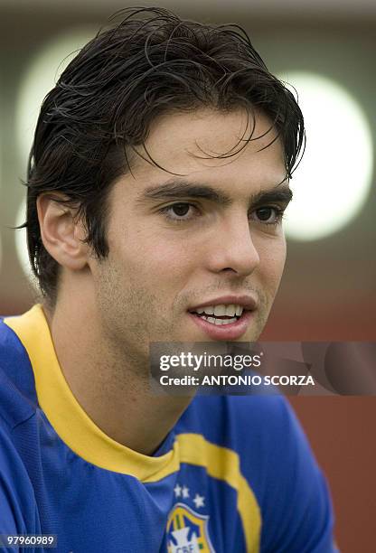 Brazilian forward Kaka talks to the press before a training session on October 7 in Teresopolis, 150 km from Rio de Janeiro. Brazil faces Venezuela...