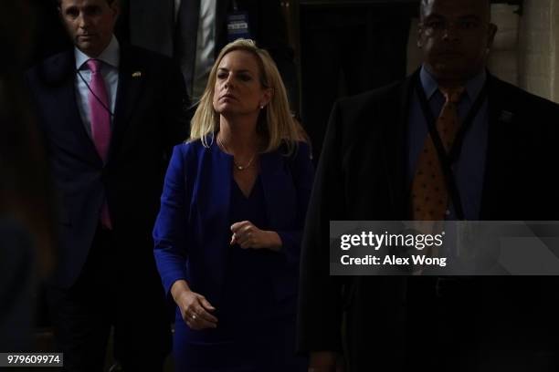 Secretary of Homeland Security Kirstjen Nielsen leaves after a meeting with House Republicans June 20, 2018 at the U.S. Capitol in Washington, DC....