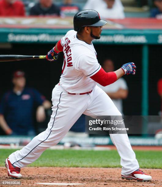 Edwin Encarnacion of the Cleveland Indians hits a two run double off Bruce Rondon of the Chicago White Sox during the sixth inning at Progressive...