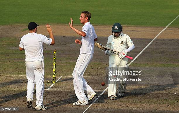 England bowler Stuart Broad celebrates after taking the wicket of Bangladesh batsman Mushfiqur Rahim during day four of the 2nd Test match between...