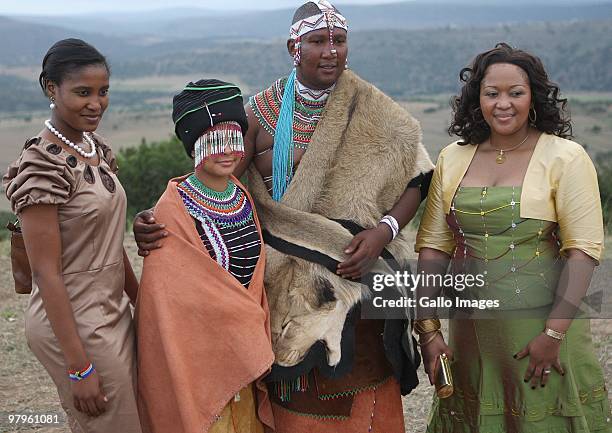 Duduzile Zuma and Thobeka Madiba with Mandla Mandela and his French wife Anais Grimaud during their traditional wedding at the Mvezo Royal Palace on...