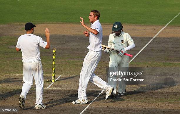 England bowler Stuart Broad celebrates after taking the wicket of Bangladesh batsman Mushfiqur Rahim during day four of the 2nd Test match between...