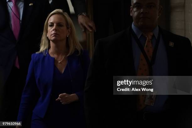 Secretary of Homeland Security Kirstjen Nielsen, leaves after a meeting with House Republicans June 20, 2018 at the U.S. Capitol in Washington, DC....