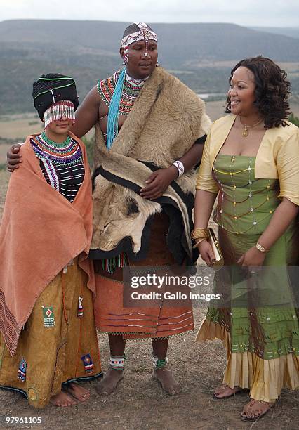 Thobeka Madiba with Mandla Mandela and his French wife Anais Grimaud during their traditional wedding at the Mvezo Royal Palace on March 20, 2010 in...