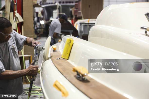 Worker polishes a boat at the Winnebago Industries Inc. Chris-Craft manufacturing facility in Sarasota, Florida, U.S., on Tuesday, June 19, 2018....