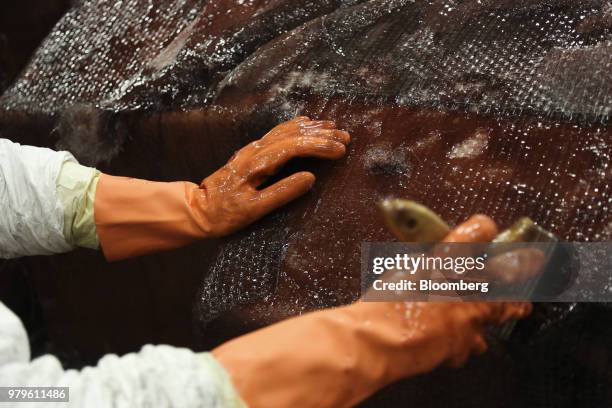 Worker applies layers of fiber glass to a hull at the Winnebago Industries Inc. Chris-Craft boat manufacturing facility in Sarasota, Florida, U.S.,...