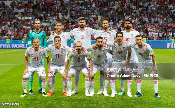 Spain Team group. Back row David de Gea, Sergio Ramos, Gerard Pique, Sergio Busquets and Diego Costa. Front row David Silva, Vazquez Lucas, Andres...