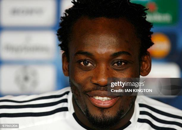 Ghanaian footballer Michael Essien answers questions during a press conference on the eve of their Champions League Group D match against Apoel...