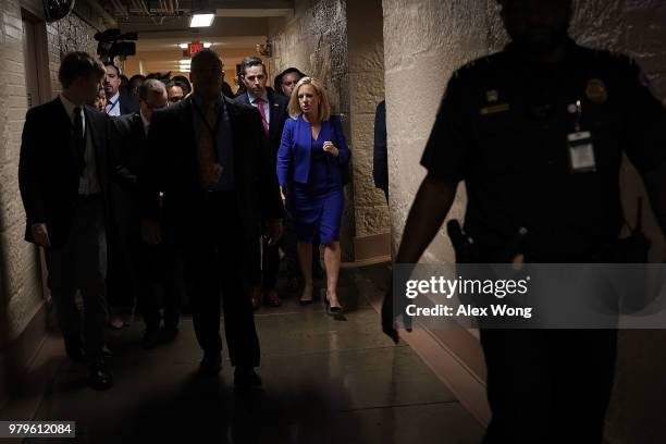 Secretary of Homeland Security Kirstjen Nielsen, leaves after a meeting with House Republicans June 20, 2018 at the U.S. Capitol in Washington, DC....