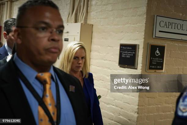 Secretary of Homeland Security Kirstjen Nielsen, leaves after a meeting with House Republicans June 20, 2018 at the U.S. Capitol in Washington, DC....